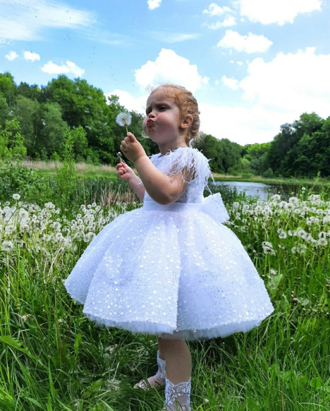 3-9 Years White Tulle Girl Dress Sequined Bows Children's First Communion Ball Gown Wedding Party Bridesmaid Dress Kids Princess