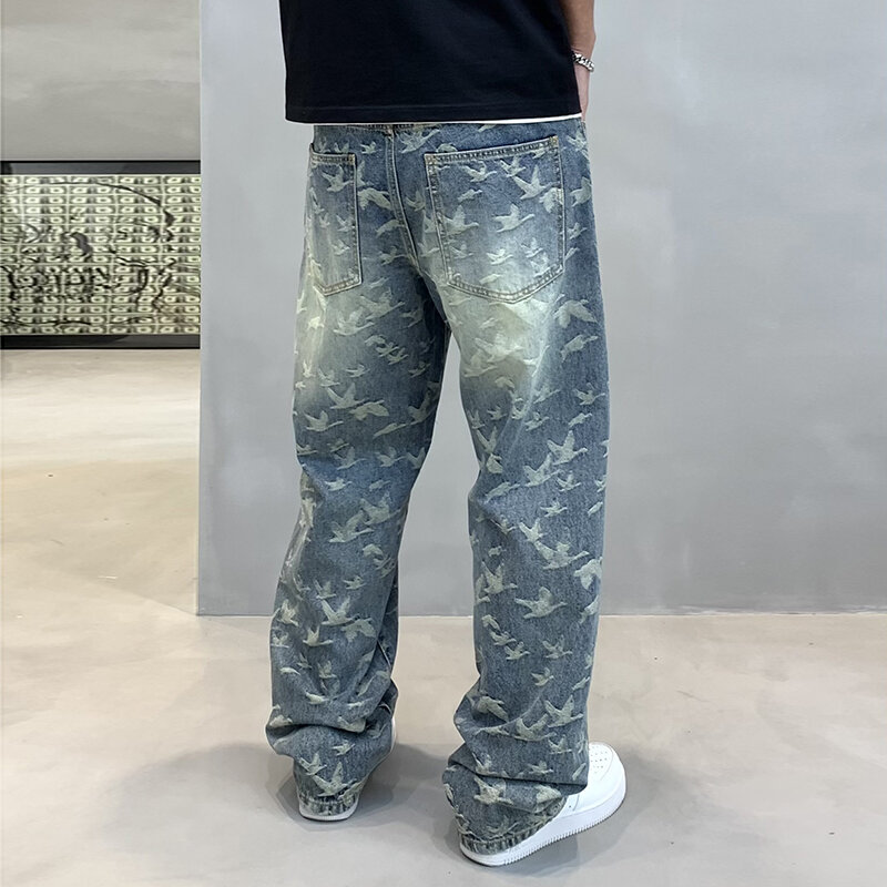 New Jacquard Full Print High Street Trendy Brand Design Feeling Jeans per pantaloni Casual a gamba larga lavati a tubo dritto allentato da uomo