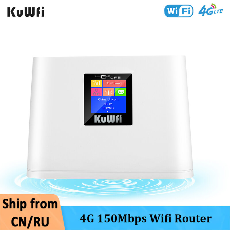 Kuwfi เราเตอร์อินเตอร์เน็ตไร้สาย4G ปลดล็อคพร้อมซิมช่องเสียบบัตร150Mbps LTE Router ไร้สายพกพาได้ WiFi Hotspot Smart DISPLAY
