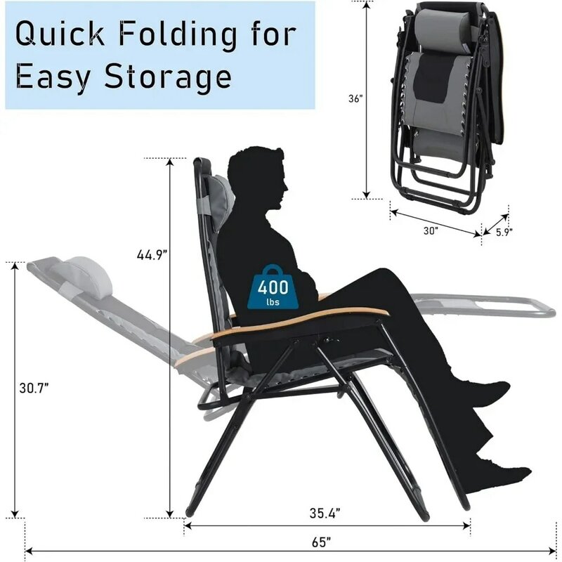 접이식 라운지 의자, 반 중력 좌석, 컵 거치대 포함, 400 파운드 (회색) 지원, 30 인치 넓은 좌석