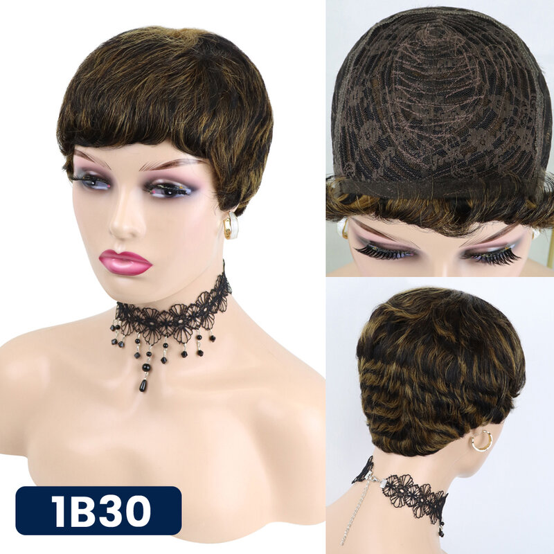 Peruka z krótkich prostych włosów z Bangs fryzura Pixie brazylijski Remy ludzki włos peruki pełna Manchine tanie peruka dla kobiet Bangs Natural Color