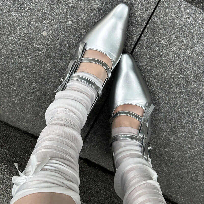 Fashion Design Bow Women Pumps 2024 Summer New Pointed Toe French Girl Chunky Heeled Mary Jane Spring Summer Small Leather Shoes