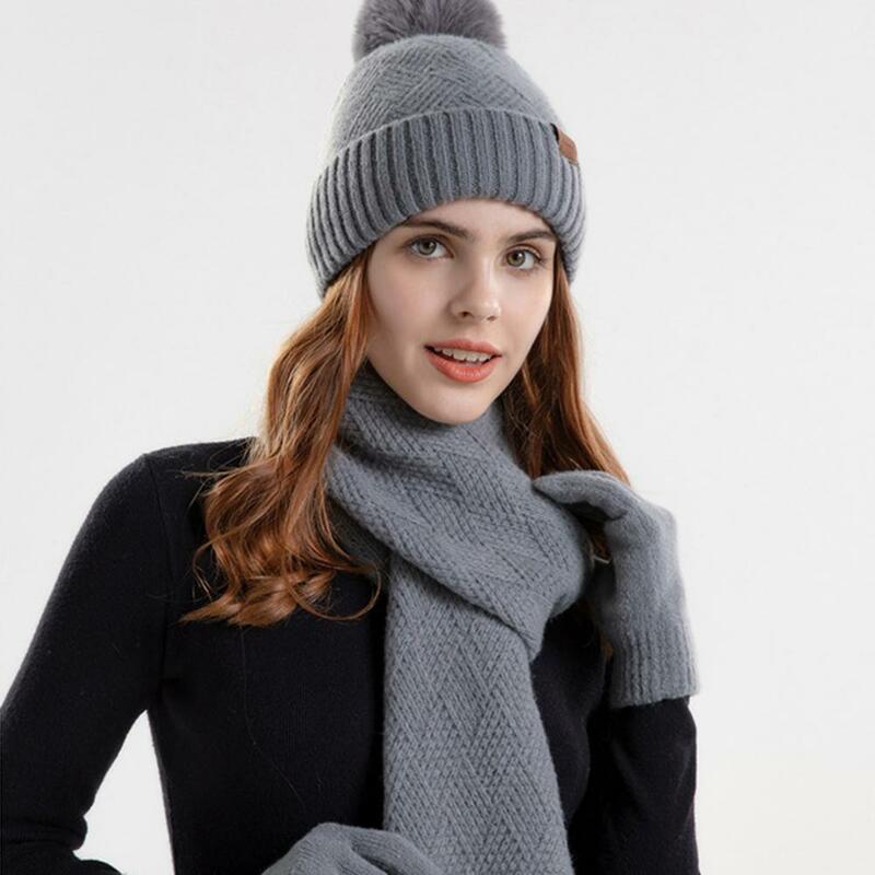 1ชุดหมวกผ้าพันคอถุงมือป้องกันหู, ชุดถุงมือขนสัตว์ยืดหยุ่นสำหรับผู้หญิงฤดูหนาว