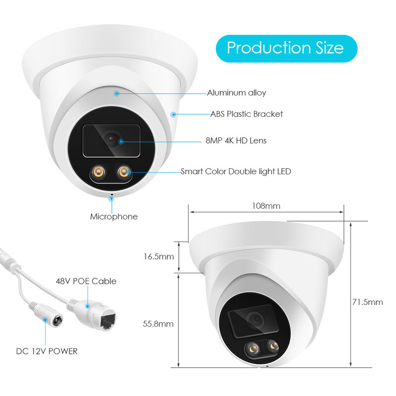 AI 컬러 야간 투시경 홈 CCTV 비디오 감시 보안, 4K 8MP IP 카메라, 오디오 야외 POE H.265 Onvif 광각 2.8mm, 신제품