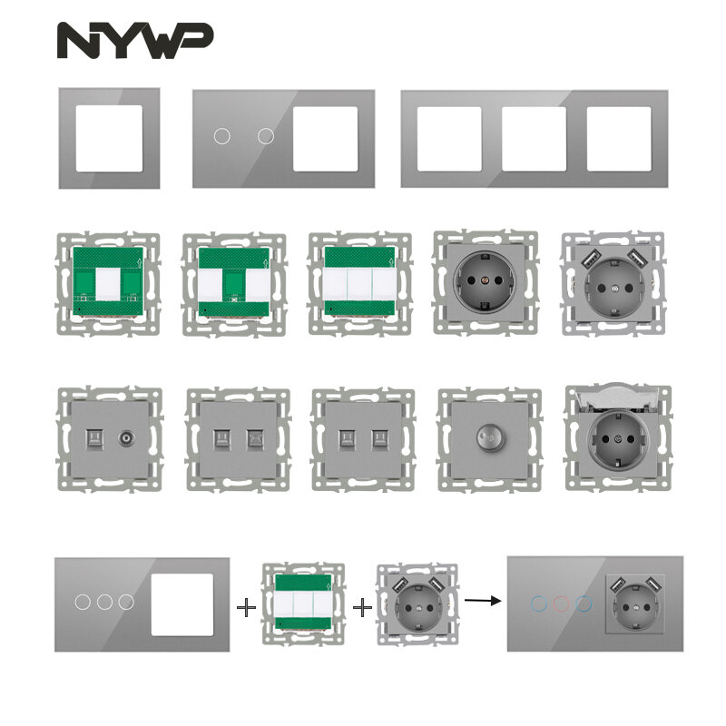 NYWP-Módulo de Parede para DIY, Padrão Europeu, Painel de Vidro Cinza, Fonte de Alimentação, Tomada USB TPC C, Combinação Touch Switch