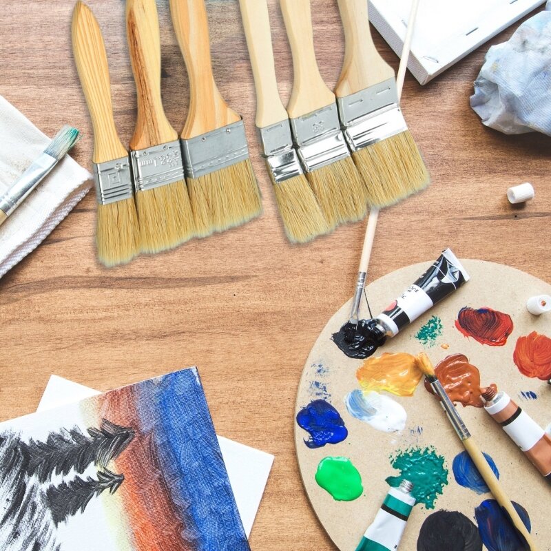 16FB Flat Paint Brushes Wooden Handle Trim Paintbrush Stain Cleaner Brush for Artist