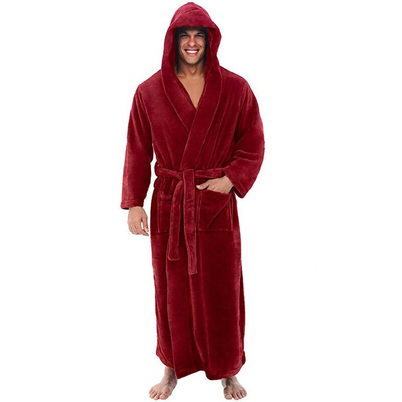 Men'S Warm And Thick Hooded Nightgown In Winter Men'S Winter Plush Lengthened Shawl Bathrobe Home Clothes Long Sleeved Robe Coat