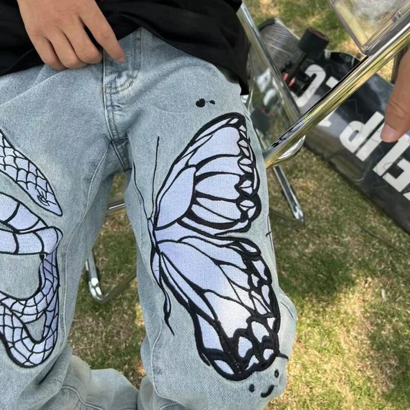Men Street Hiphop Y2K Embroidery Snake Butterfly  Zipper Jeans Men Women Personality High Street Luxury