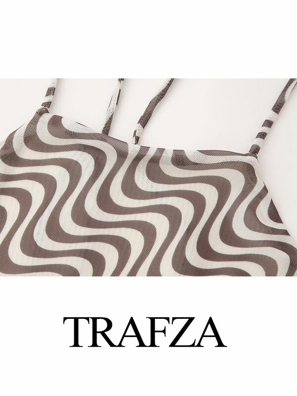 Trafza weibliche hotsexy Tüll Wave Print Neck holder Schnür oberteile rücken frei elegant ärmellose weibliche Mode Tops 2024 Sommer