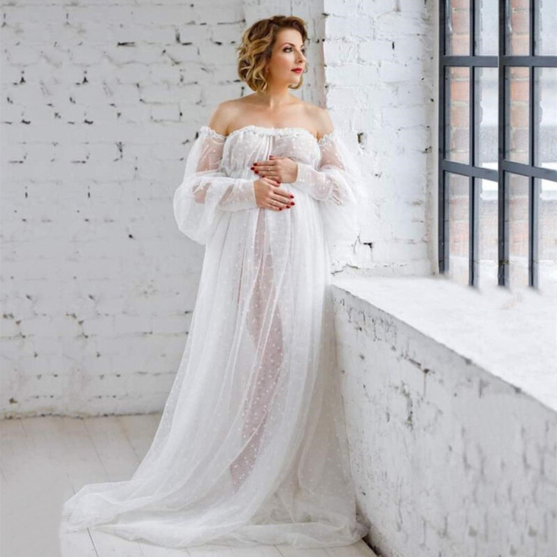 Uma linha pescoço sem ombros maternidade fotografia vestido, vestido de renda transparente, Baby Shower Photo Shoot, Wedding Dress Acessórios