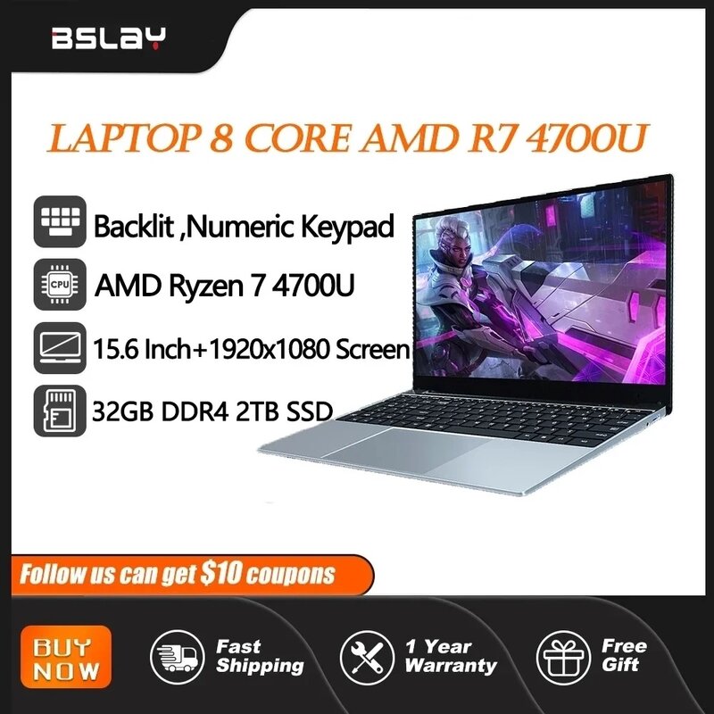 BSLAY 2024 게이밍 노트북, AMD Ryzen R7 4700U MAX 32GB DDR4 M.2 2TB SSD, 윈도우 10/11 노트북 블랙릿 키보드, 15.6 인치, 신제품