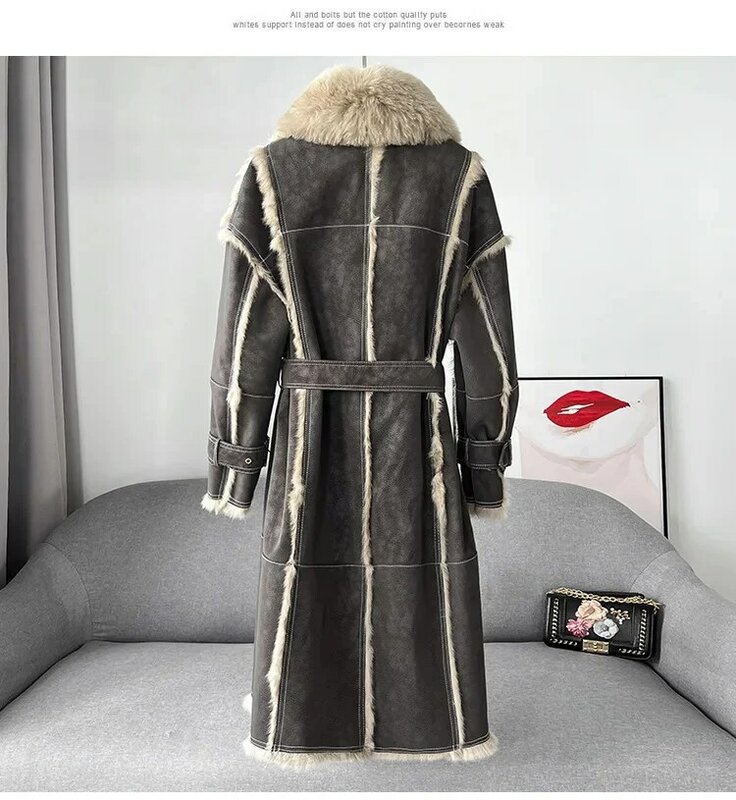 Casaco longo de gola de lã feminino, jaqueta de pele real, roupas de coelho, inverno, 2024