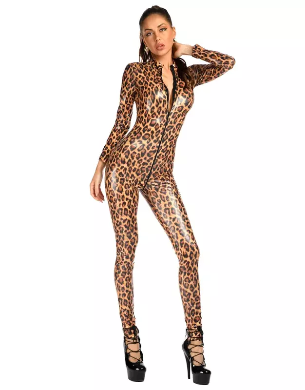 Combinaison en cuir verni brillant imprimé léopard pour femme, manches longues, fermeture éclair avant, entrejambe ouvert, barboteuses minces pour femme, pantalon crayon, mode