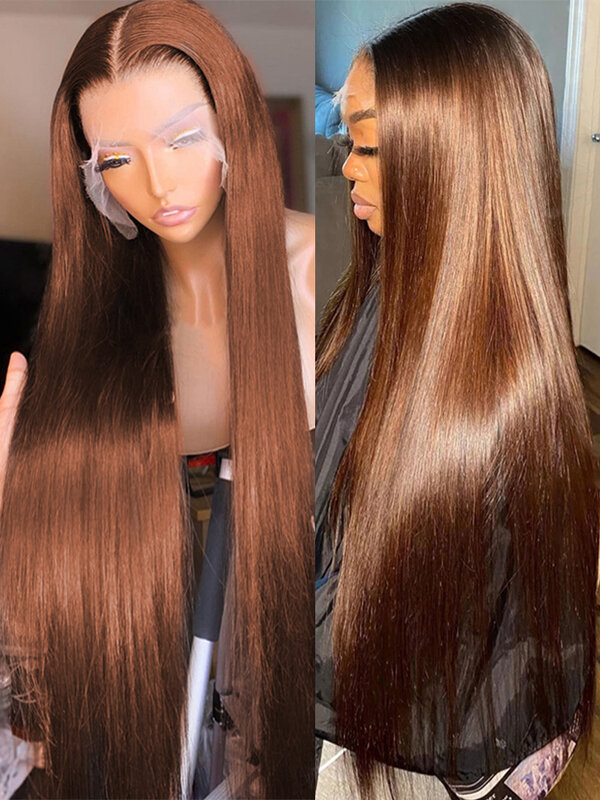 Perucas de cabelo humano dianteiro do laço marrom, Pré arrancado com cabelo de bebê, 360 Full Lace, 13x4, 13x6, Chocolate Straight, HD Lace Frontal Wig