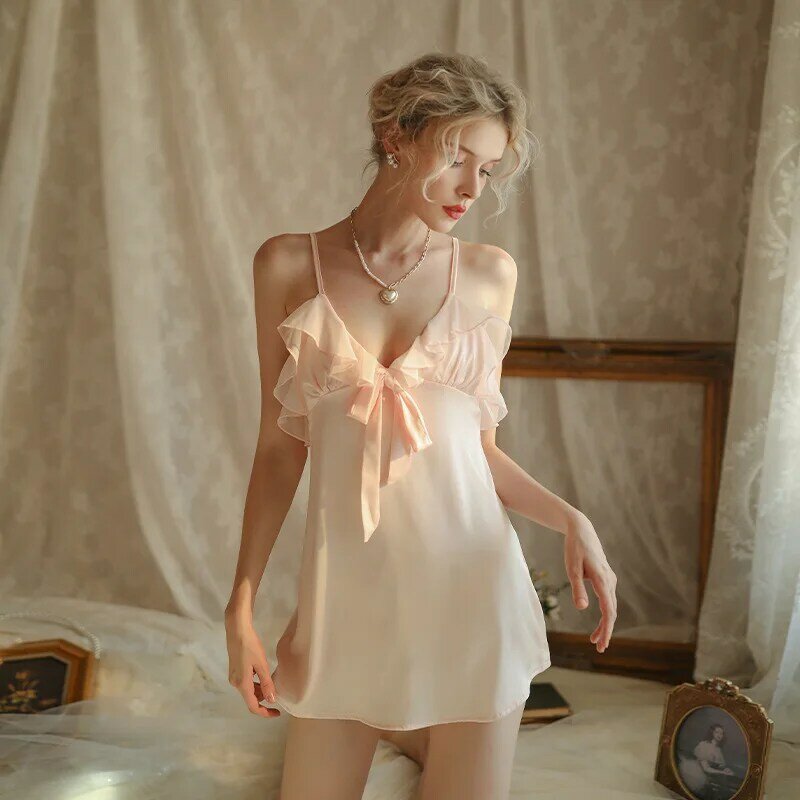 Французская сексуальная ночная рубашка, женская ночная сорочка с глубоким V-образным вырезом, кружевная ночная рубашка с лотосом, пижама с бантом на шее, женская пижама, Женская пикантная ночная рубашка