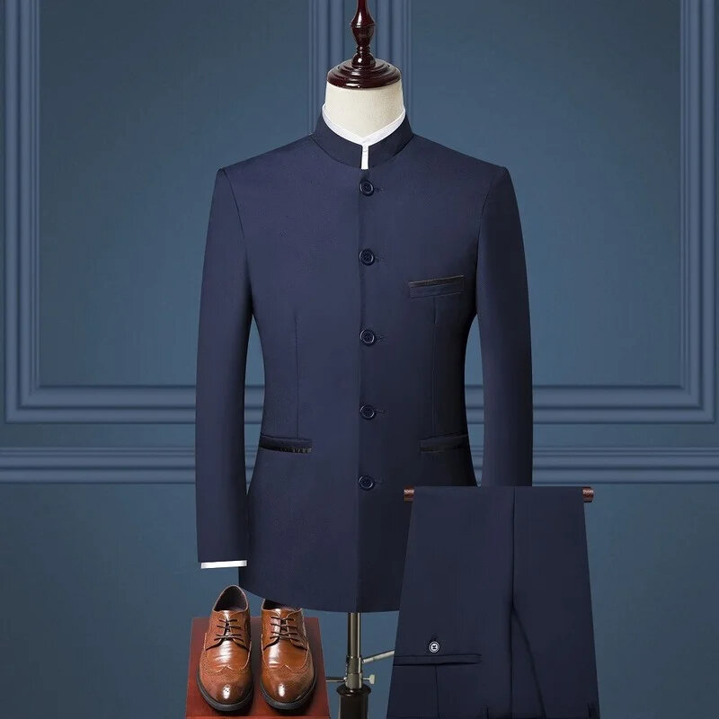 T36 Herren lässig Boutique weiß Stehkragen chinesischen Stil Hochzeits anzug Anzug schlanken Blazer