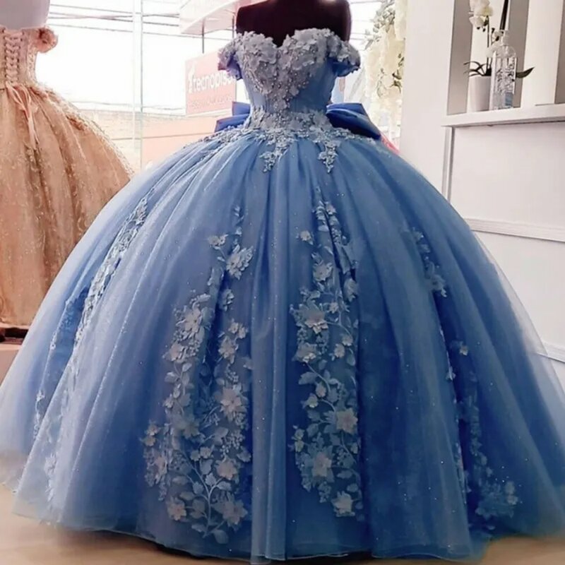 فستان Quinceanera أزرق سماوي مع فيونكة كبيرة ، مزين بالزهور ثلاثية الأبعاد ، فستان حلو 16 ، عيد الميلاد ، عيد الميلاد ، 2019 ، 2024