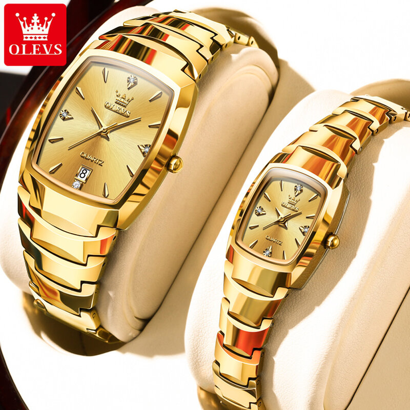 OLEVS jam tangan pasangan, jam tangan asli warna emas mewah, jam tangan tahan air bahan baja Tungsten dengan Set, hadiah ulang tahun