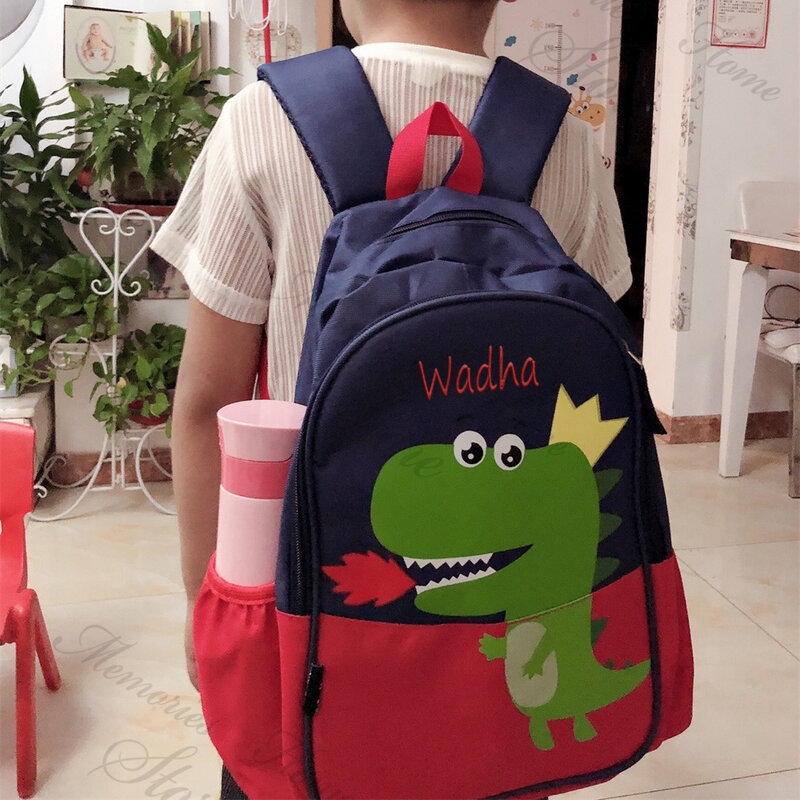 Рюкзак с динозавром для мальчиков, школьный ранец для детского сада, сумка для учеников с индивидуальным именем, Детские уличные рюкзаки с вышивкой