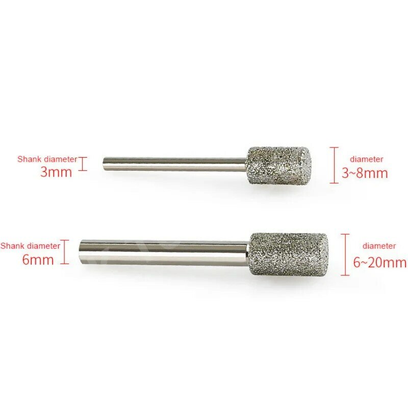 3mm-20mm Cylindrical Diamond Burr Grinding Bit 3/6mm Shank Stone Jade Carving Grinding Engraving Drill Bit Dremel Rotary Tools