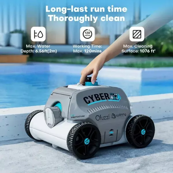 Ofuzzi-Cyber sem fio Robotic Piscina Cleaner, Max 120 minutos Runtime, Self-Parking, vácuo piscina automática para todos acima e no chão
