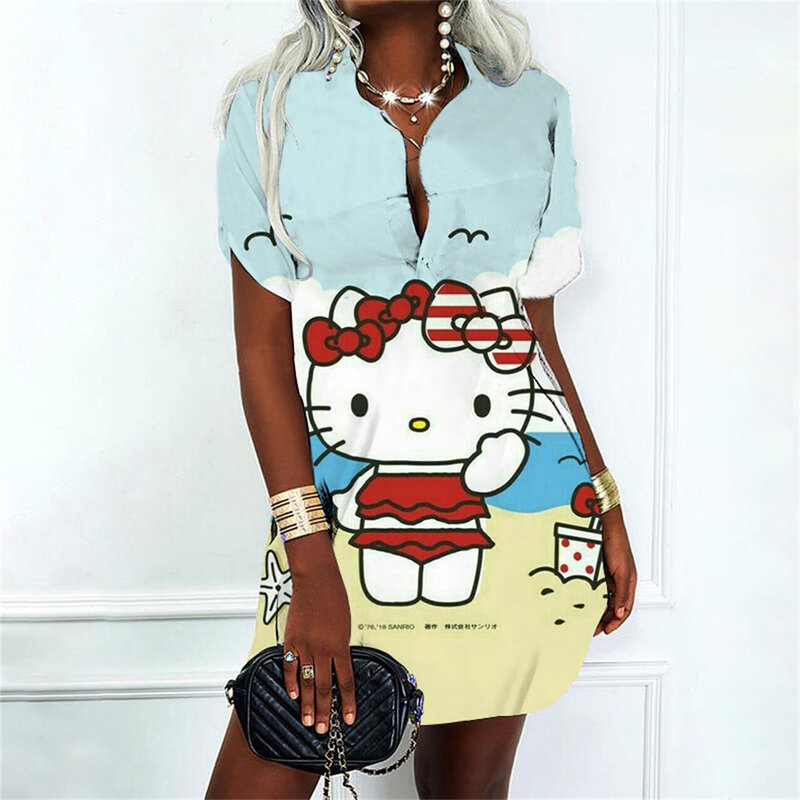 ชุดเดรสผู้หญิงลายการ์ตูนเสื้อโปโล2024น่ารักเสื้อผ้าผู้หญิงลาย Hello Kitty เสื้อผ้าแฟชั่นสตรีทแวร์สำหรับชุดเดรสปาร์ตี้