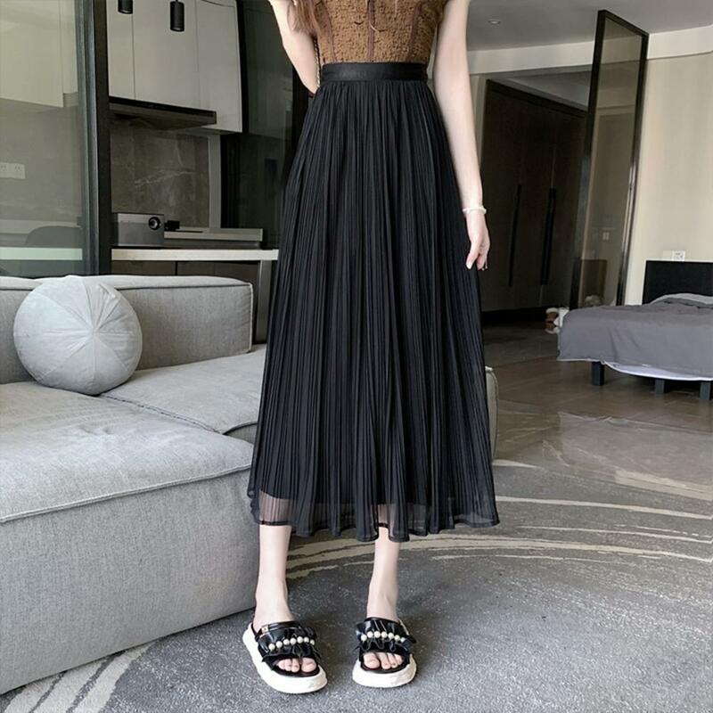 A-line Skirt Flowing Gauze Skirt Elegant Women's Pleated Skirt Collection Elastic Waistband Midi Slimming A-line Solid for Daily