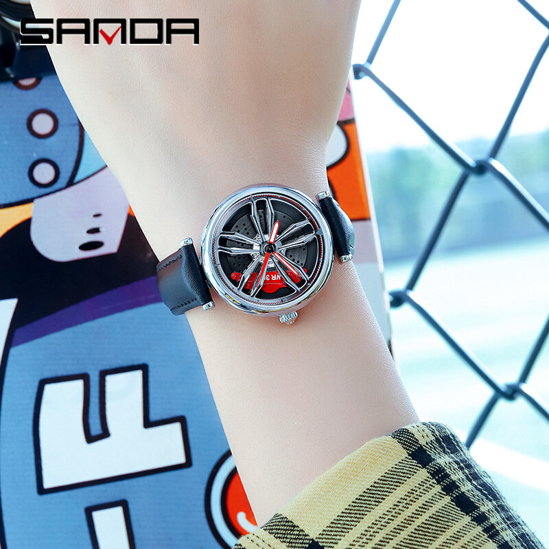 SANDA 1010 1074 New Fashion Luxury 360 Rotating Car Wheel Dial sport orologio al quarzo cinturino in pelle Casual orologi da polso impermeabili