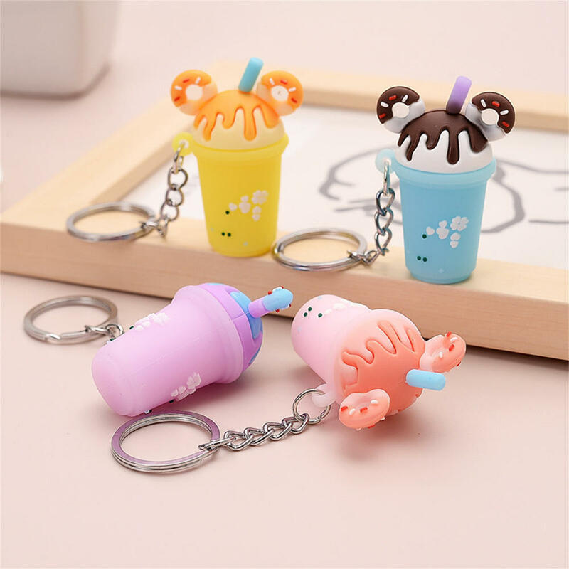 1Pc Cartoon Keychain PVC Soft Rubber Cute Donut Milk Tea Cup Keyring Charm Bag Car Pendant Key Chain Gift For Women Girls