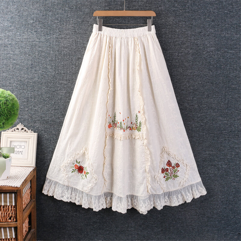 Spring Summer Sweet Embroidered Skirt Women Elastic Waist Casual Pockets Midi Skirt WH0425-24068