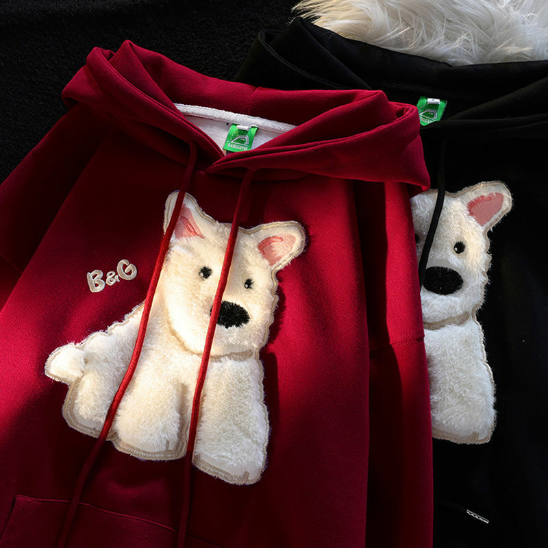 Sudadera con capucha de perro blanco bordado de calle americana, suéter suelto de gran tamaño, ropa de exterior informal, Top, Otoño, nuevo, 2023