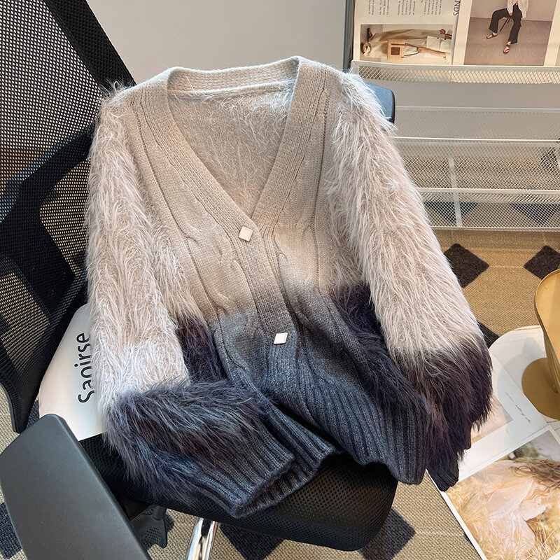 Women's 2024 Winter Haima Wool Sweater Plus Size Tie-Dye Gradual Sweater Loose Long Sleeve Warm Knitted Sweater V-Neck Coat Lady