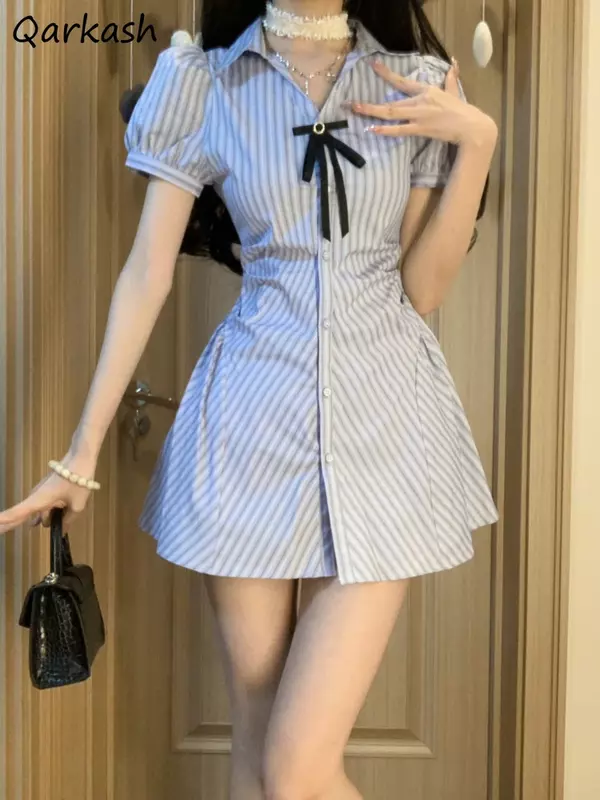 Mini kleider Frauen gestreift adrette Stil Mode schlanke lässige Ulzzang Mädchen Revers zarte einreihige Hotsweet All-Match-Chic