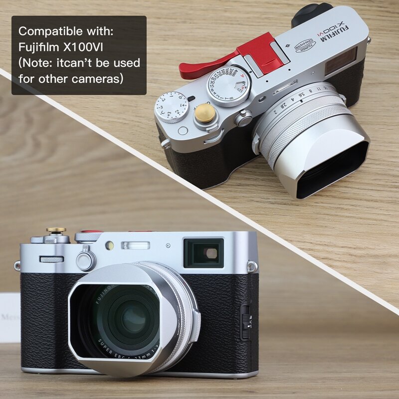 Cappuccio per obiettivo quadrato in metallo Haoge per fotocamera Fujifilm Fuji X100VI argento con anello adattatore filtro UV da 49mm