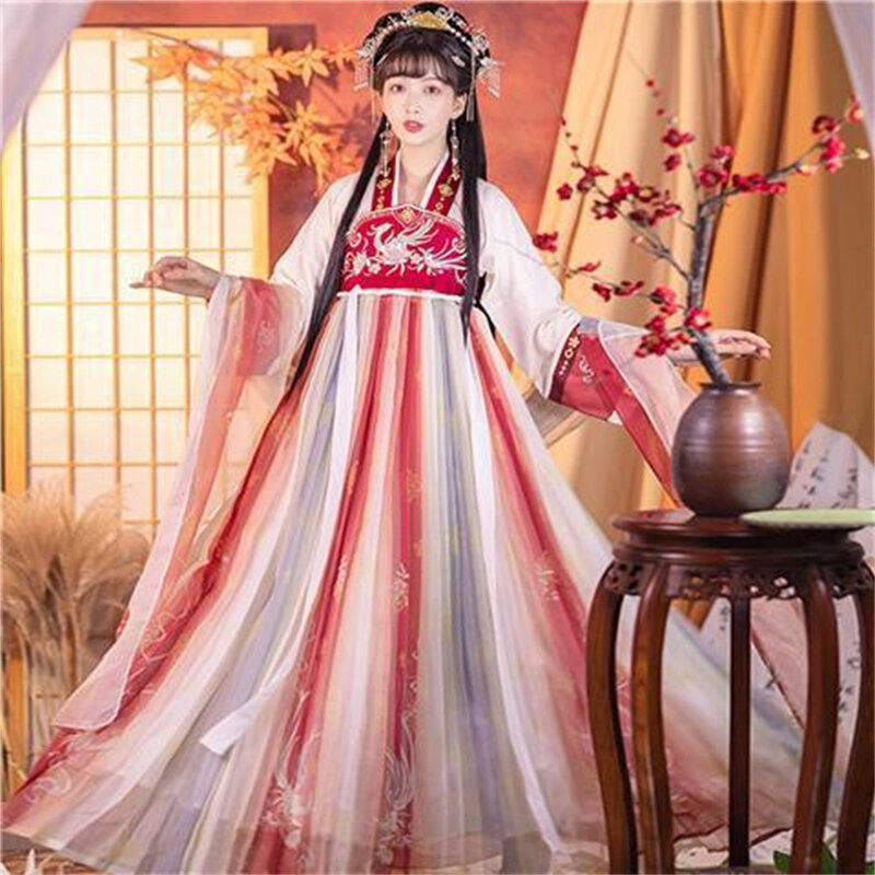 فستان مطرز بالزهور على الطراز الصيني للنساء أزياء تقليدية للرقص لأسرة هانفو تانغ