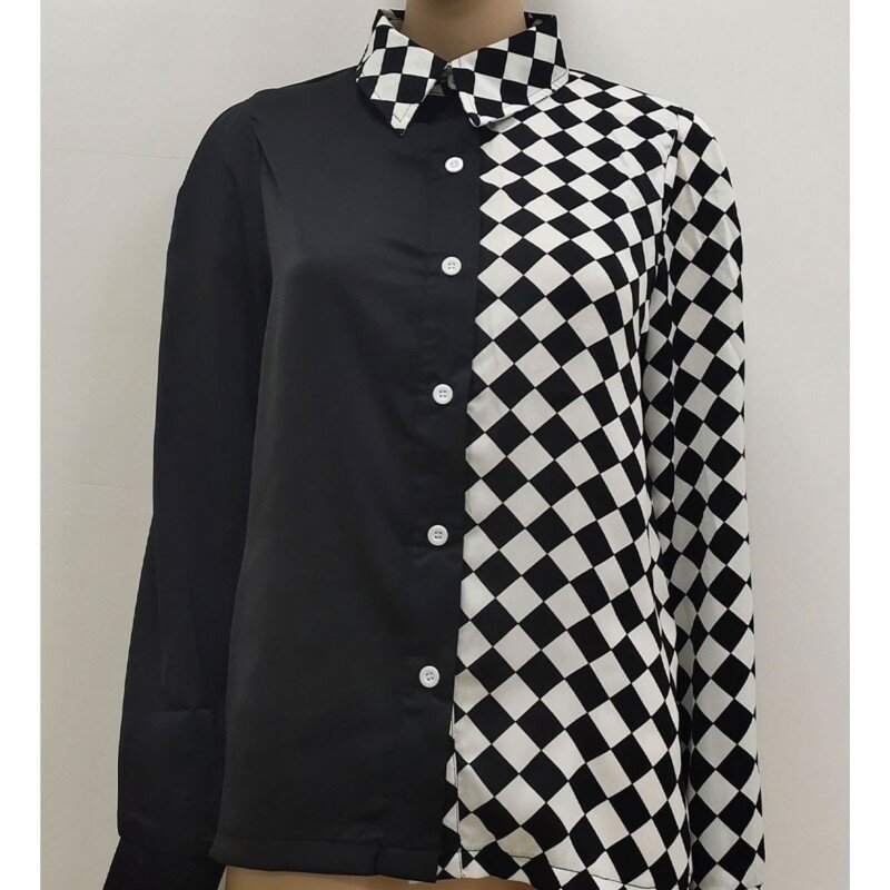 Camisas combinando cores de tabuleiro de xadrez feminino, camisa elegante, gola virada para baixo, manga longa, tops primavera, preto, branco