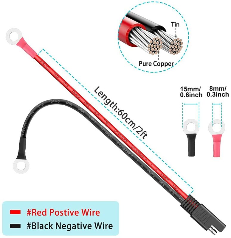 Ouspow 10AWG SAE 2-Pin Schnell Trennen zu O-ring Terminal Harness Stecker mit 15A Sicherung für Auto batterie Ladegerät Kabel
