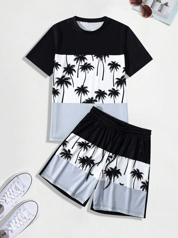 남성용 하와이안 프린트 플러스 사이즈 운동복, 스포티 스타일 프린트 티셔츠, 반바지 세트, 2 피스 패션, 여름