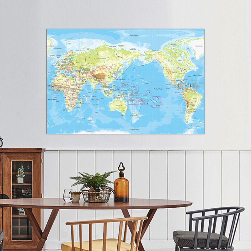 5x7ft Large World Map of Topography Office Supplies Detailed Poster Wall Chart Topography Map Non-woven Map Wallpapers for Decor
