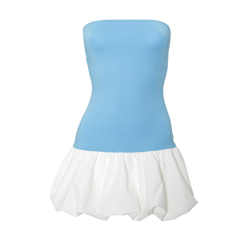 Mini abito gonfio a tubo con volant per le donne 2024 Summer Contrast Color Shirring senza spalline Slim Sexy Party Mini Folds Dress Chic
