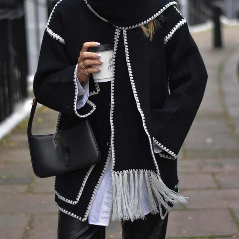 Elegante cappotto da donna allentato con sciarpa moda manica lunga tasca monopetto cappotti femminili 2024 primavera autunno giacca da donna