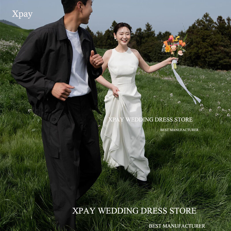 XPAY O Neck abito da sposa matrimonio stile coreano elegante senza maniche abito da sposa in raso morbido per servizio fotografico Backless Custom Made