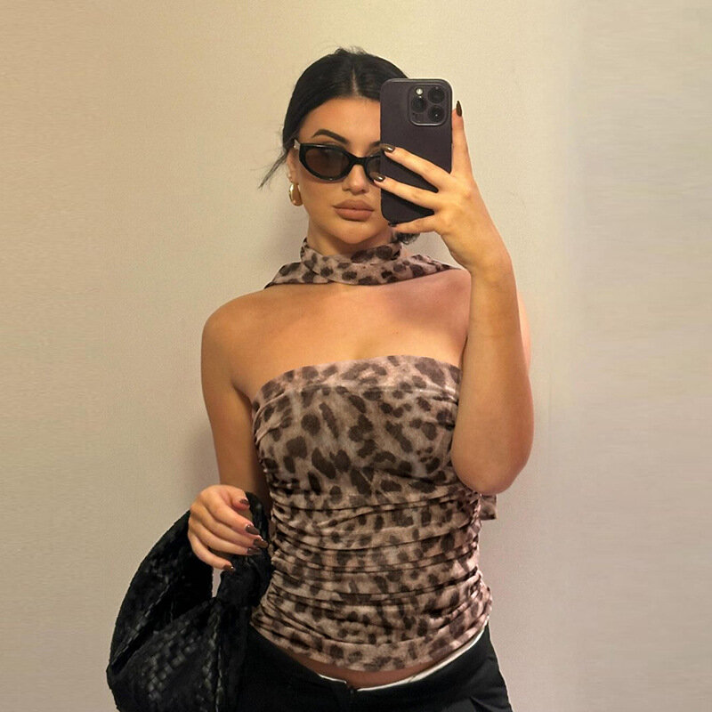Leopard Print Hotsexy Tube Top For Women Off-Shoulder Slim Sleeveless Coquette Top Aesthetic See Through Halterneck Outfits