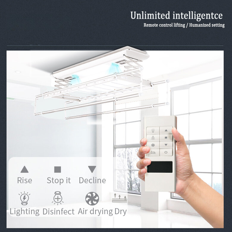 2023 Multifunctionele Slimme Afstandsbediening Elektrisch Hijsen Plafond Wasserij Elektrische Automatische Opvouwbare Hanger Droogrek