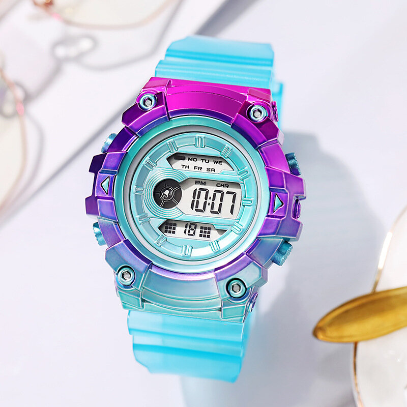 Relógios femininos gradiente colorido, relógio digital luminoso para esporte, relógio LED para meninas, relógio de pulso, moda casual, presente feminino
