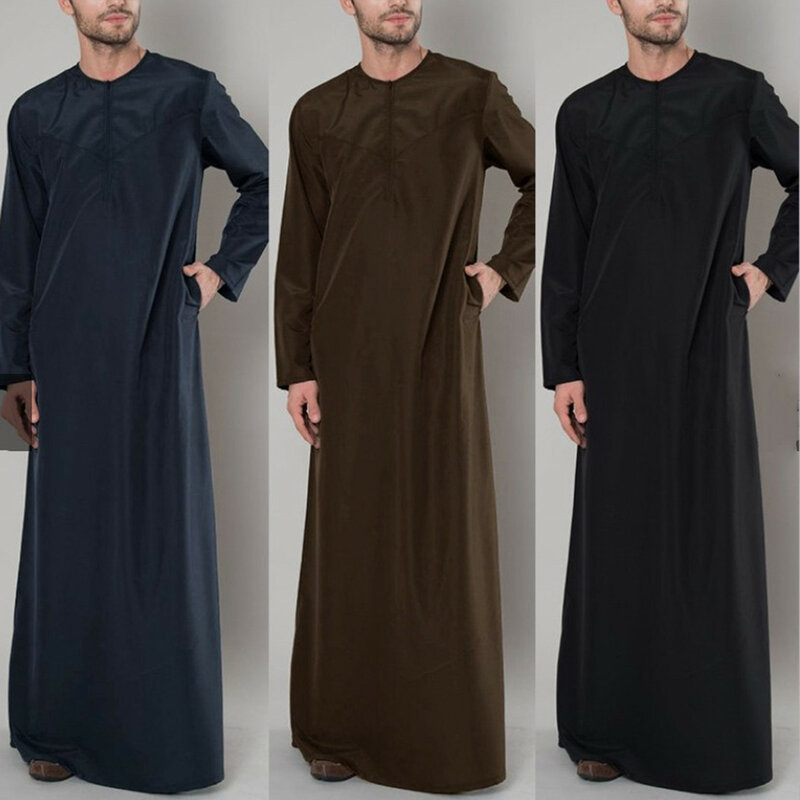 Jubah Kaftan Muslim longgar Vintage pria, pakaian Muslim Islam pola warna polos santai modis lengan panjang