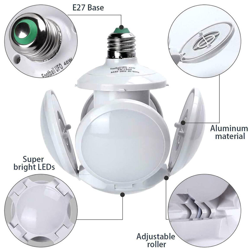 2400LM 40W lampada da soffitto deformabile per Garage a forma di calcio lampada a LED bianca Super luminosa pieghevole