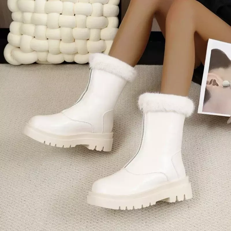 Женские ботинки на молнии спереди, однотонные плюшевые теплые непромокаемые короткие ботинки на платформе с круглым носком, зима 2023
