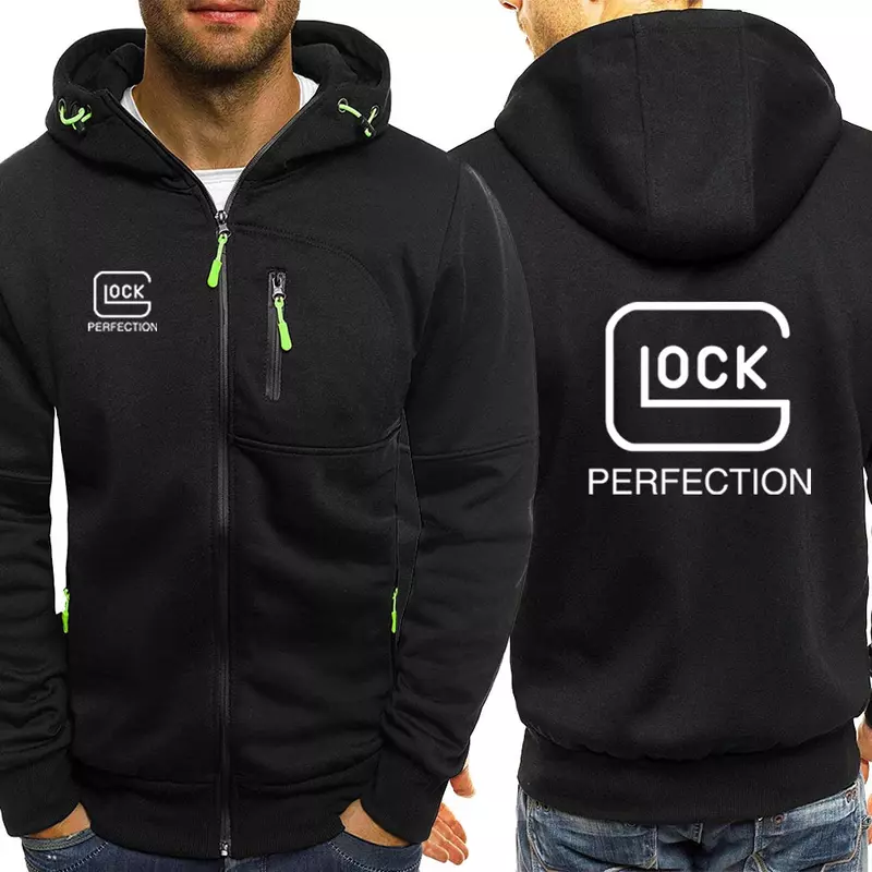 Glock Perfection-Tiro masculino com capuz jaqueta de manga comprida, cordão, fecho de zíper, monocromático, moletom casual, roupas, 2023