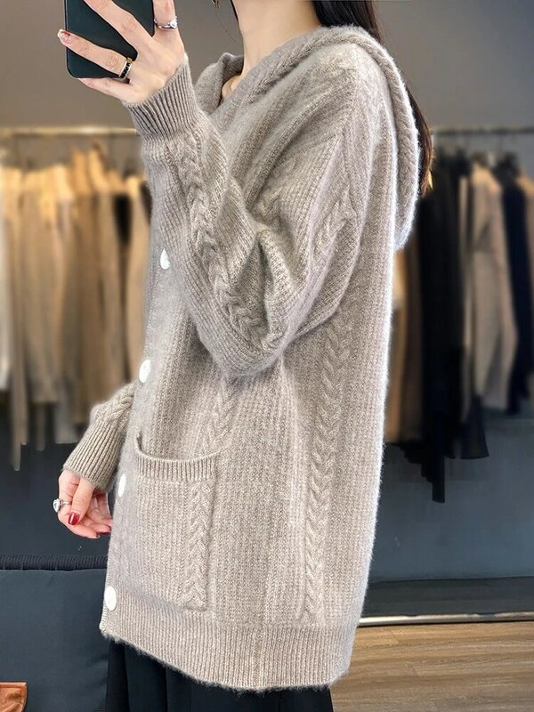 Autunno e inverno nuove signore 100% pura lana Cardigan con cappuccio cappotto spesso tasca intrecciata maglione sciolto lavorato a maglia